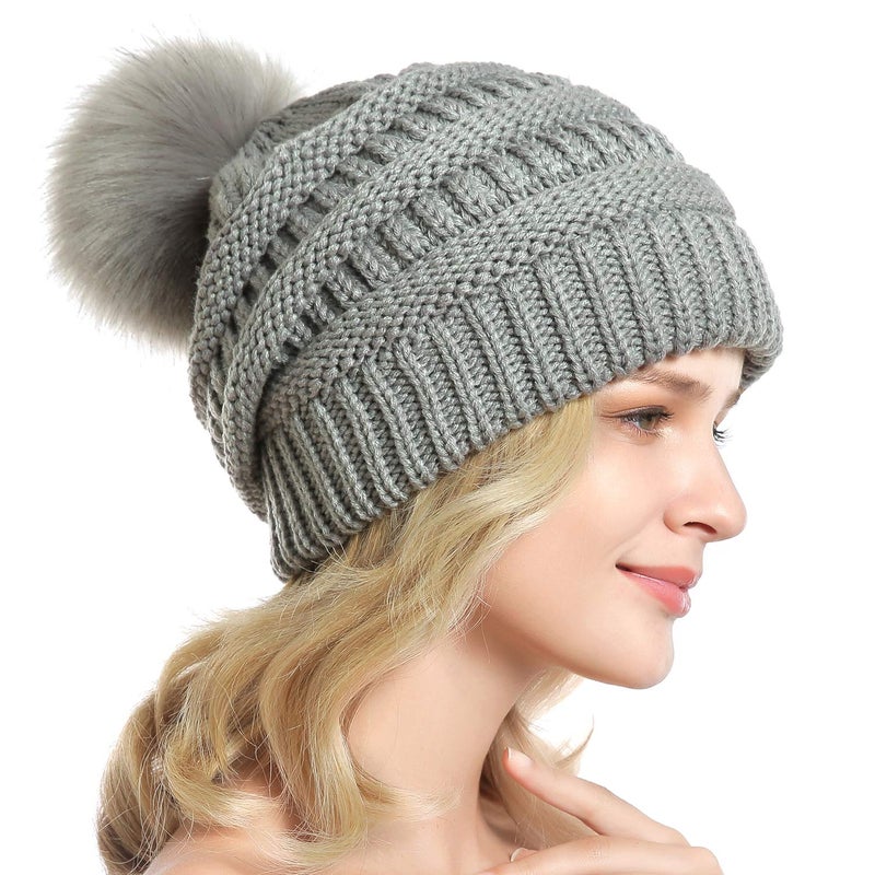 QUEENFUR Women Knit Slouchy Beanie Chunky Baggy Hat with Faux Fur Pompom Winter Soft Warm Ski Cap - Image 4
